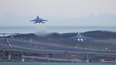Dawn Roar — Four Indian Air Force Su-30MKIs take off one after another.