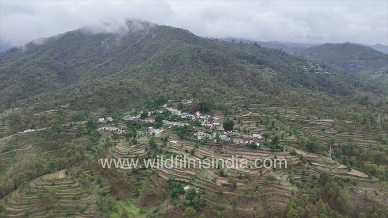 Ransi village in aerial view, en route Madhyamaheshwar Temple on Panch Kedar trek in Uttarakhand