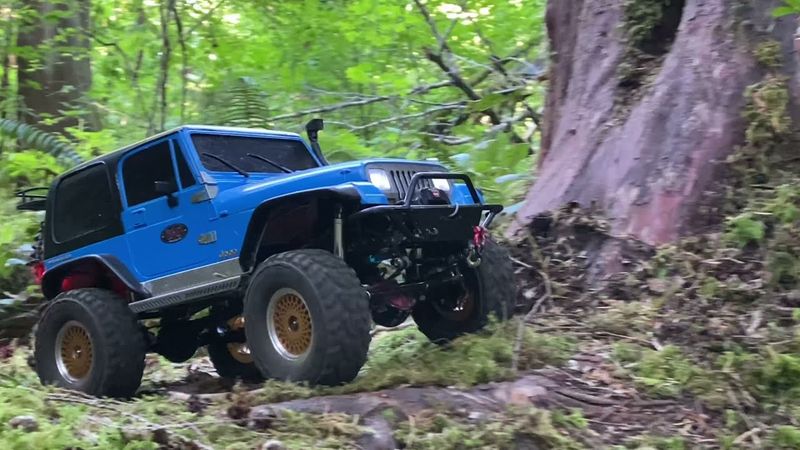 RC Toyota and Jeep crawling in the woods
