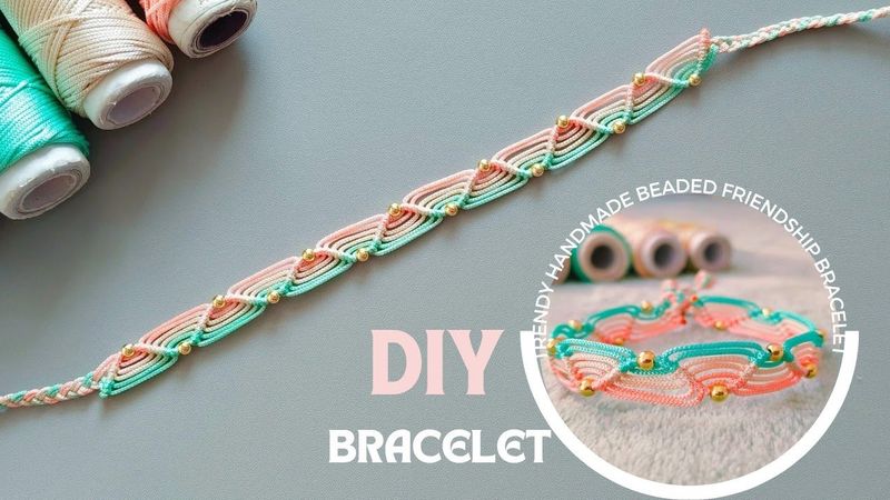 Handmade Macrame Bracelet – Peach & Mint with Golden Beads.