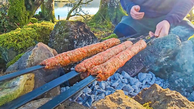 Greek Gyros Cooked over FIRE in the Forest | ASMR Cooking in Nature