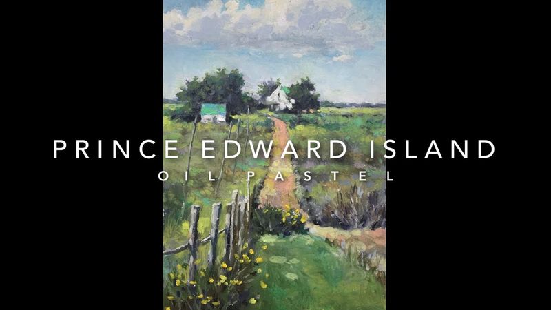 Desenhando uma estrada rural com pastéis oleosos na Ilha do Príncipe Eduardo