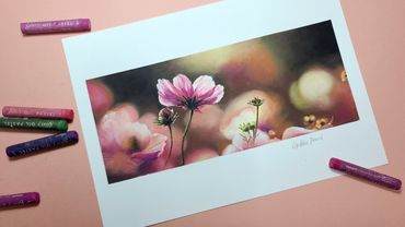 Scenario autunnale con cosmo dipinto con pastelli ad olio