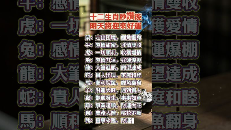 十二生肖秒讚後，明天將迎來好運  #運勢 #生肖 #補財庫旺財氣  #感情 #正能量