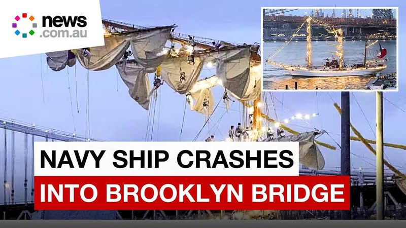 Wild moment Mexican navy ship crashes into Brooklyn Bridge