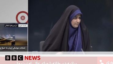 Debris falls in Iranian state TV studio during live broadcast as Israeli strikes continue | BBC News