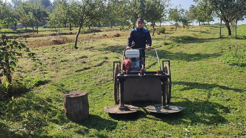 Самодельная роторная газонокосилка с двигателем от мотоблока косит бурьян.