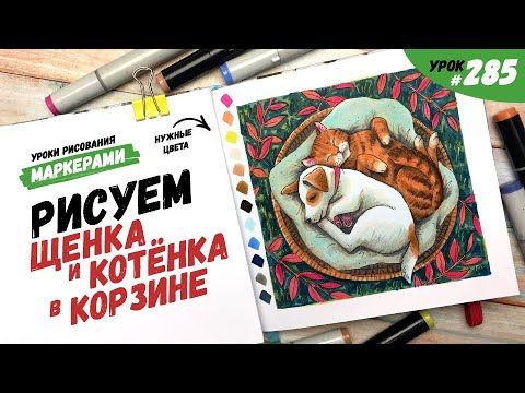 Как нарисовать щенка и котёнка в корзине? / Видео-урок по рисованию маркерами #285