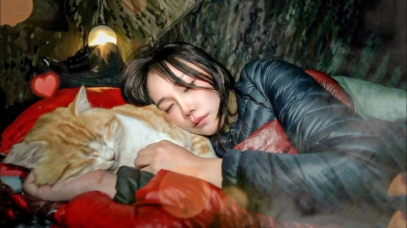 The end of winter camping was perfectly warm🔥 sleeping  with a cat / solo camping / makgeolli