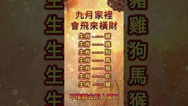 《十二生肖》九月家裡會飛來橫財的十二生肖！不接就取其他人家了！#運勢 #正能量 #生肖 #十二生肖 #熱門 #玄學 #橫財 #轉運 #財富 #發財 #人生感悟 #國學文化 #道家文化 #傳承文化