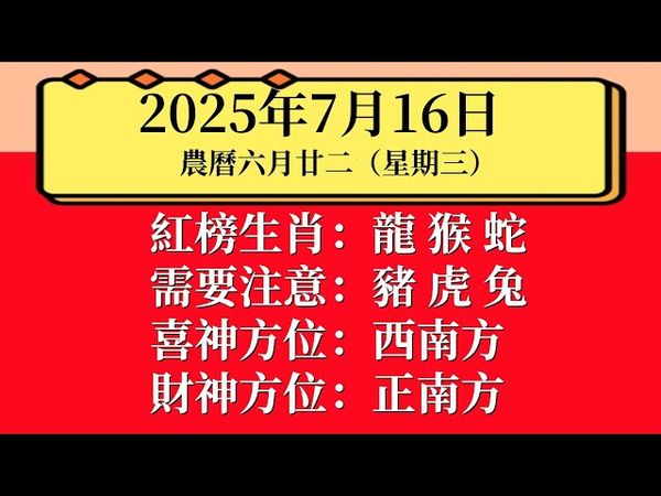 小運播報：2025年7月16日（星期三）農曆六月廿二