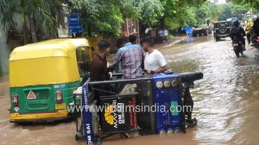 E rickshaw topples over on flooded roads of Delhi, after driving into a suberged invisible pot-hole!