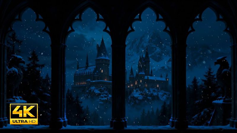 4K Hogwarts Winter Window View ❄️🏰 Harry Potter Ambience, Snowfall & Wind Sounds for Focus and Sleep