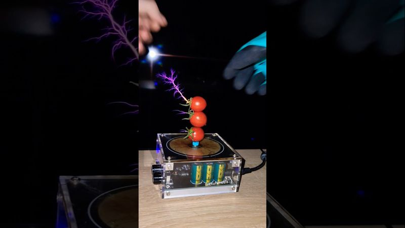 🍅 Mix: fresh cherry tomatoes + tesla coil #experiment #vegetables #physics