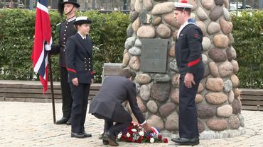 French President Macron lays wreath in front of memorial in Norway's Oslo | AFP