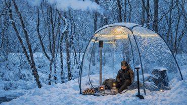 Transparent Hot Tent Camping in Snow Storm . Wood stove ASMR