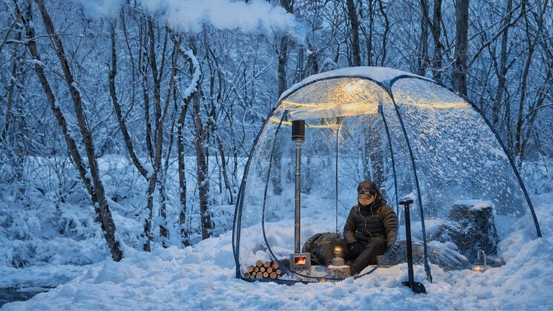 Transparent Hot Tent Camping in Snow Storm . Wood stove ASMR