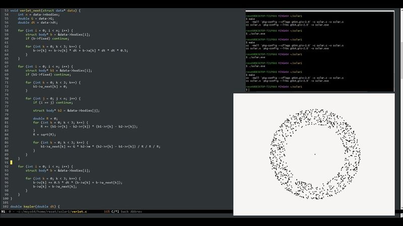 Задача N-тел, метод Верле, моделирование на языке Си
