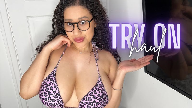 [4K] MICRO BIKINI TRY-ON | Leopard print bikini on a 36F cup.