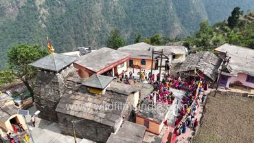 Himalayan temple with devotees seen from air: Maa Rakeshwari Temple in Ransi Ukhimath Rudraprayag