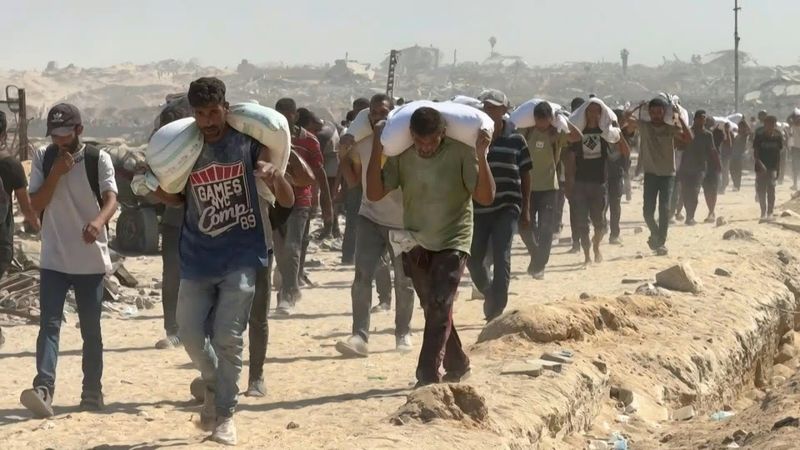 Palestinians transport bags of flour in northern Gaza Strip | AFP