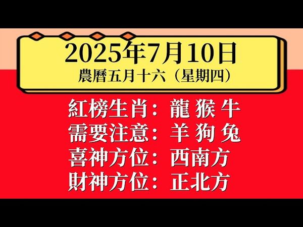明日小運播報：2025年7月10日【星期四】農曆六月十六