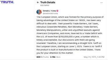 Trump calls for 50 percent tariff on EU, starting June 1 | AFP