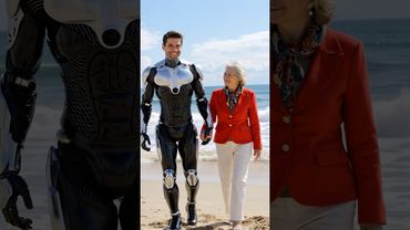 Robot Walks with Elderly Man by the Beach #robot #funny