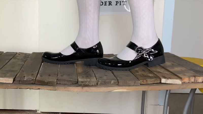 Bridges, climbing, cliffhanging, hand slipping   patent leather Mary-Jane shoes