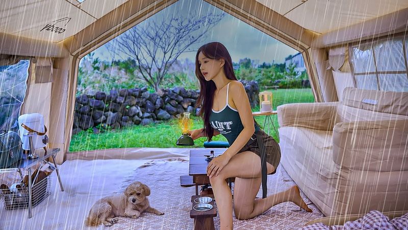 solo camping in bad weather | large comfortable air tent