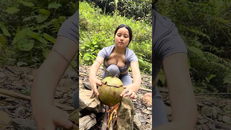 How to Cook Rice in a Coconut #bushcraft #cooking #camping