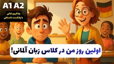آلمانی با داستان | اولین روز من در کلاس زبان  | پادکست سطح A1/A2 با ترجمه فارسی + فلش کارت + آزمون