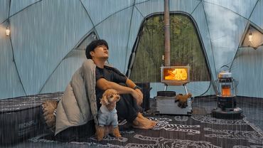 Camping in Heavy Rain with My Dog . Perfect Hot Tent . Wood Stove ASMR