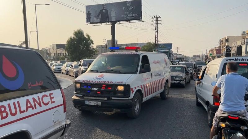 Ambulances carrying wounded and killed Lebanese soldiers arrive at hospital after blast | AFP