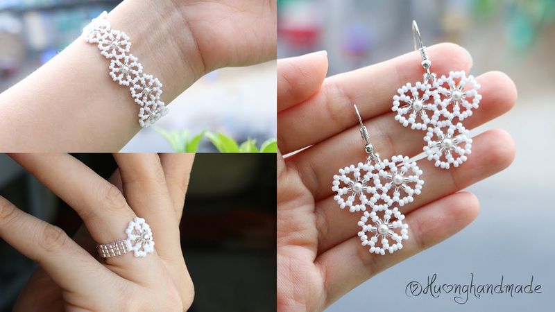 Pure white wedding jewelry set. Earrings, bracelet and ring. How to make beaded jewelry