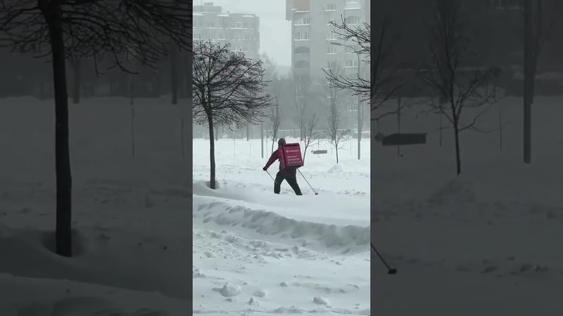 Доставщики еды вышли на новый уровень! #доставка #лыжи #зима #гений