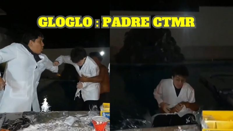 EL PADRE DOMINGO EMPUJA A GLOGLO A LA PISCINA