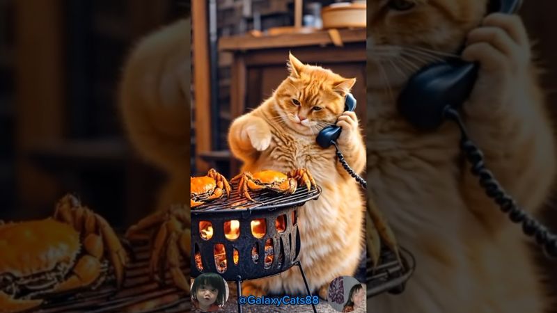 Fat orange cat cooks crab and pork in a very funny way! #shorts #cat #funny #cooking #cute