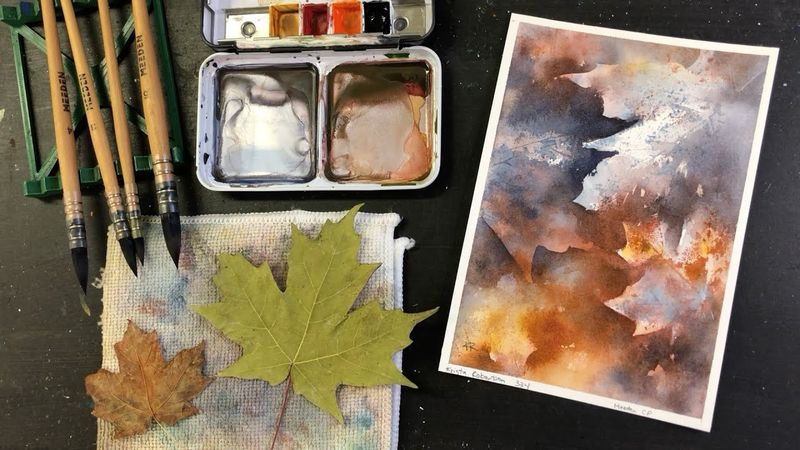 WATERCOLOR leaf stamping & negative painting tutorial - 334