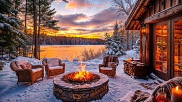 Calm Winter Sunset by the Lake: Cozy Warm Fire Pit, and Gentle Snowfall with Nature Sounds for Relax