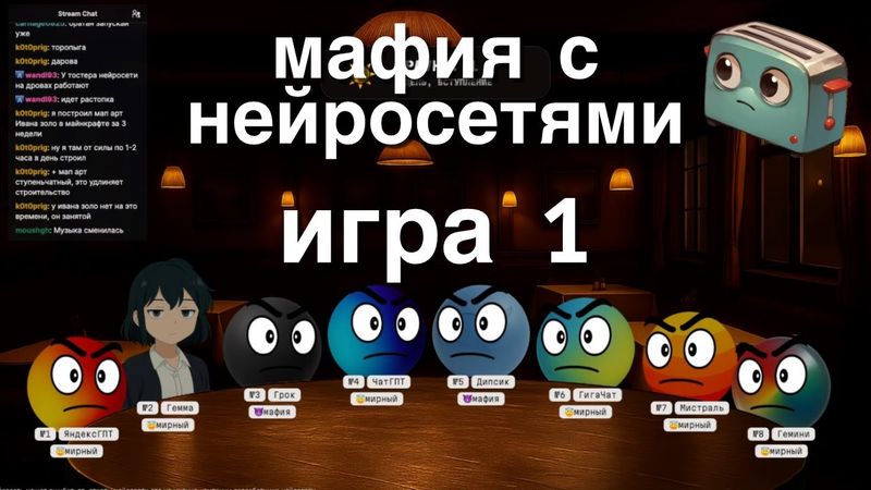 Мафия с Нейросетями - первая игра (8 нейросетей)