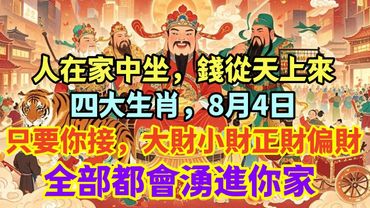 人在家中坐，錢從天上來四大生肖，8月4日，只要你接，大財小財正財偏財，全部都會湧進你家！
