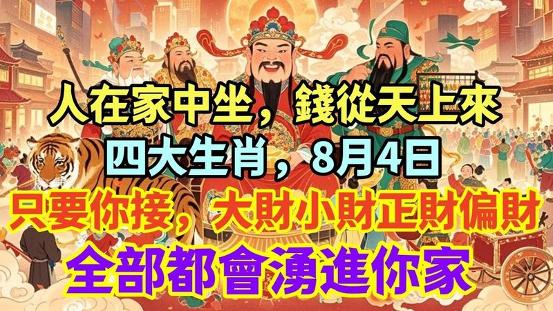 人在家中坐，錢從天上來四大生肖，8月4日，只要你接，大財小財正財偏財，全部都會湧進你家！