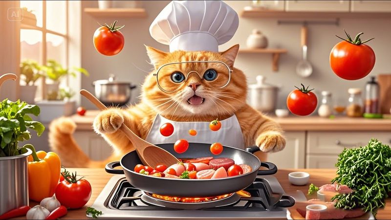 Perfekter Koch, Katze kocht köstliche Mahlzeiten