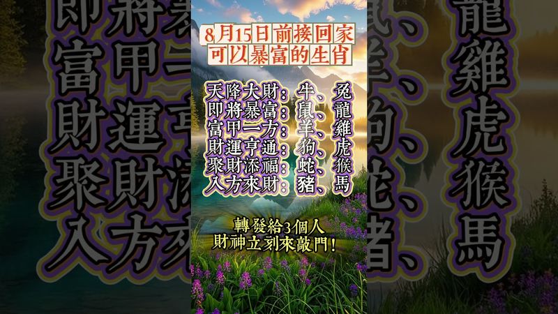 8月15日前接回家，可以暴富的生肖！轉發給3個人，財神立刻來敲門！