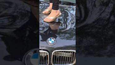 Jumping on the hood of a car in heels #crushexperiment  #heelsoncars #beamer #highheels #asmrcrunch
