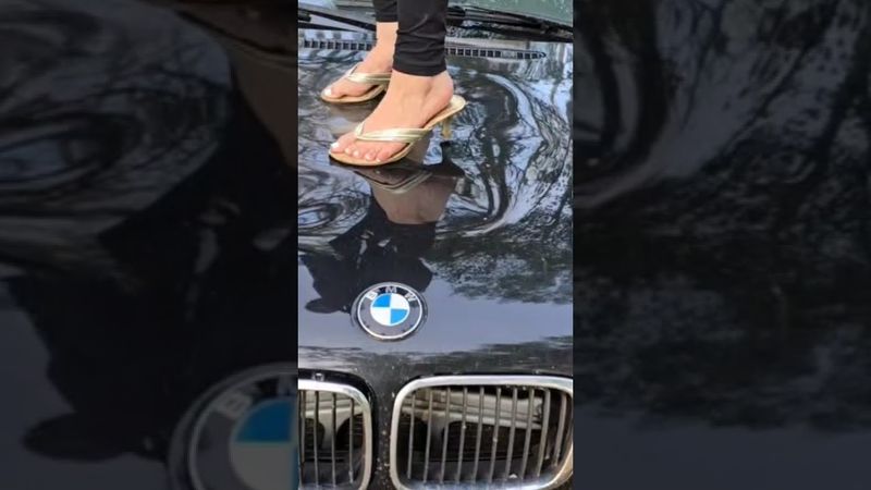 Jumping on the hood of a car in heels #crushexperiment  #heelsoncars #beamer #highheels #asmrcrunch