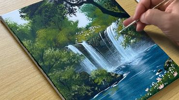 Peaceful Waterfall Painting - Relaxing Nature Scenery Acrylic Art