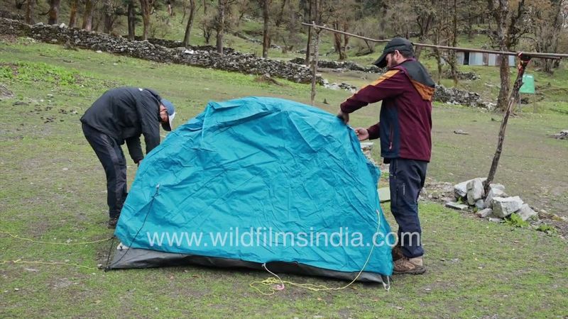 Tent pitching at Dodital Lake in the Garhwal Himalaya, a beautiful emerald coloured mountain tarn