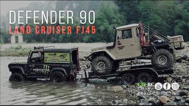 E3S-RC Land Cruiser FJ45 on trailer behind Land Rover D90 - RC4WD